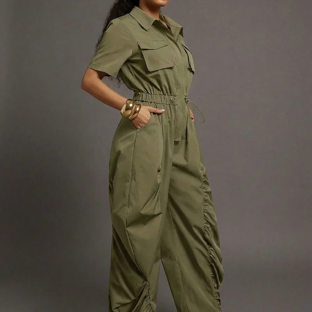 Green Casual Women's Ruched Wide Leg Drawcord Waist Utility Jumpsuit - Picture 5 of 5